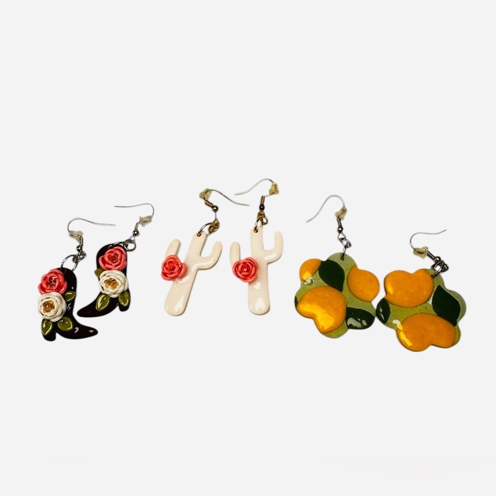 Artisan! Handmade Cowboy Boots /Cactus Rose / Lemon Clay Hook Earrings 3 Pair